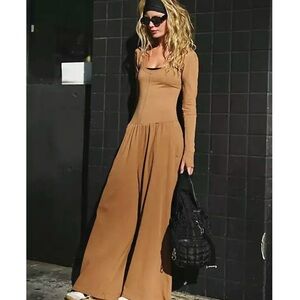 Free People Camel Long Sleeve Jumpsuit